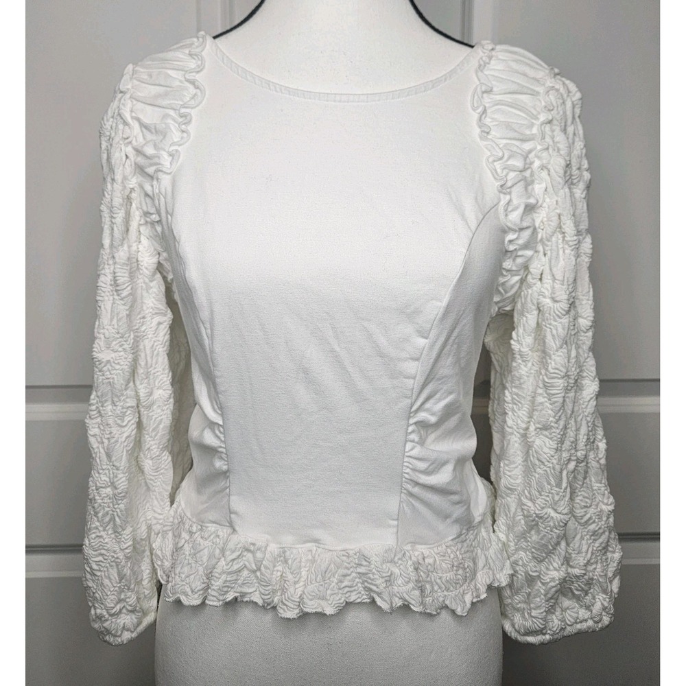 Free People Olivia Contrast Stitch Top 3/4 Puff Sleeve‎ Size Medium White Boho